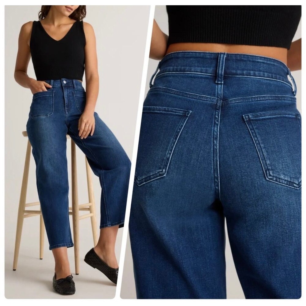 Quince Stretch High Rise Patch Pocket Wide Leg Jeans Midnight Blue 27